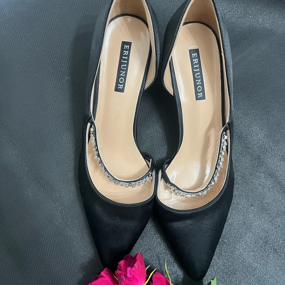 ERIJUNOR Black Satin Pointed Flats with Crystal Accent